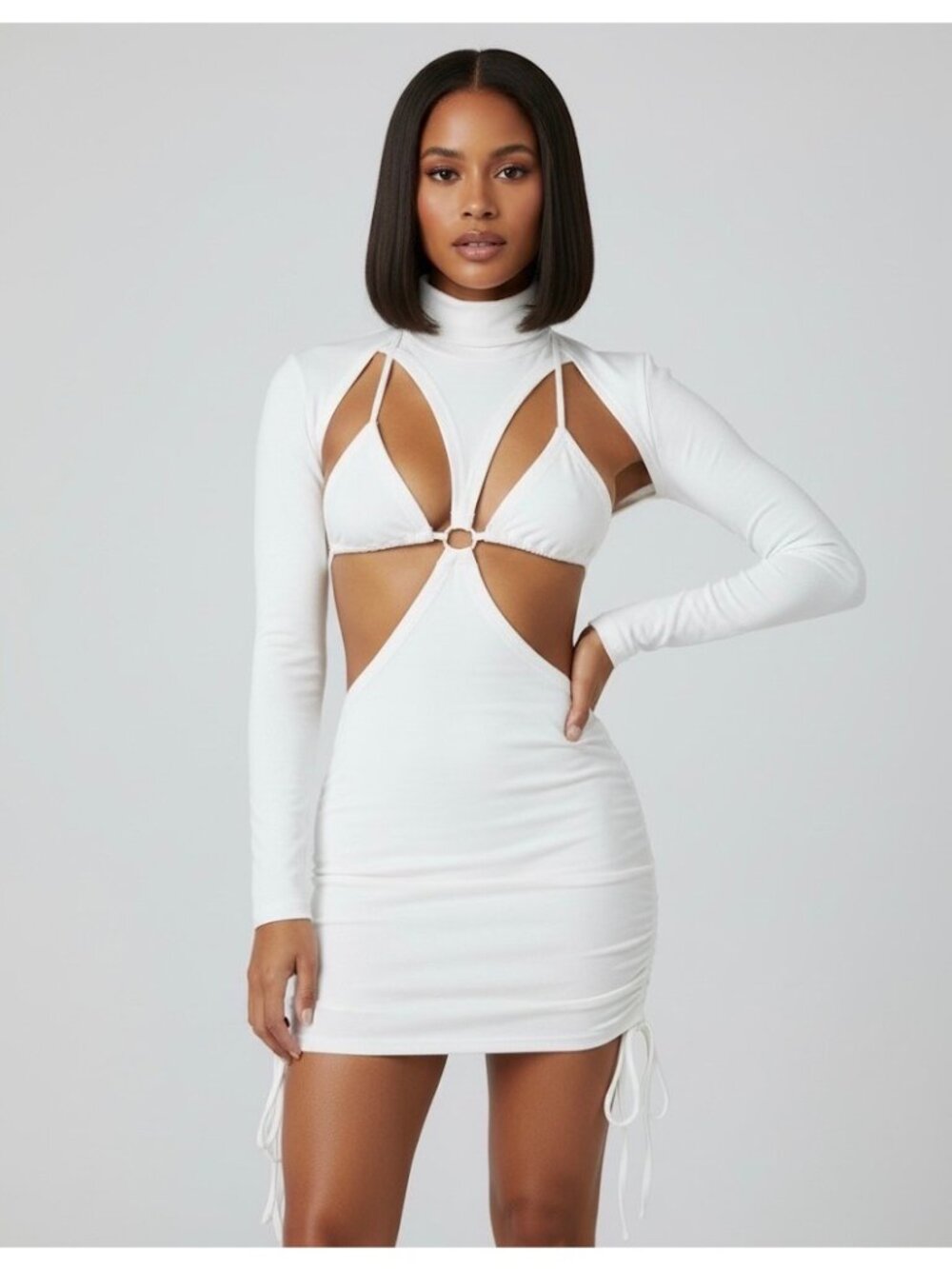 Dolls Kill White Strappy Cutout Ruched Sides Mini Dress| Rave Cyber Grunge Siren - Picture 9 of 13